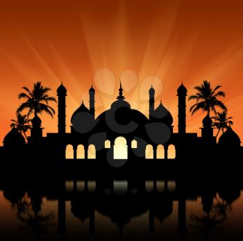 Concept of the Islamic religion. Silhouette of the town hall with reflection in water at sunset