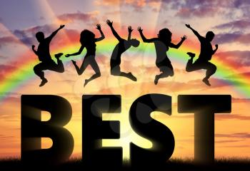 Business concept. People jumping over the word Best on the background of the rainbow