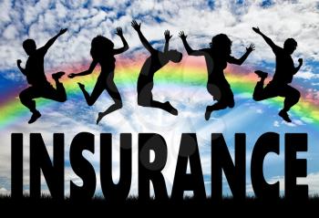 Insurance concept. Silhouette people jumping over the word insurance against the sky and rainbow