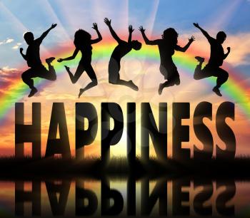 Happiness concept. Silhouette people jumping over the word happiness
