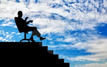 Business career concept. Silhouette of a boss sitting in an armchair in front of the stairs against a beautiful sky