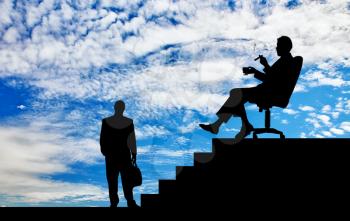 Business concept. Silhouette of boss and worker on a background of the stairs and the beautiful sky