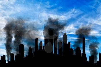 Concept of a terrorist attack. Silhouette of the city in smoke against the blue sky