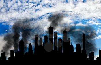 Concept of a terrorist attack. Silhouette of the city in smoke against the blue sky