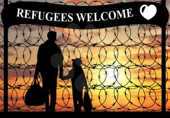 Concept of refugee. Silhouette of a family with a child refugee father near the fence with barbed wire and the inscription welcome refugees
