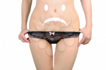 Concept. Image of a sad smiley on the abdomen of women experiencing pain. design element