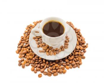  Cup of strong coffee on a saucer with grains of coffee isolated not a white background