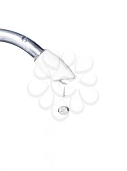Image of falling drop of water from the tap isolated on white background