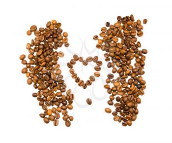 Roasted coffee beans and a heart symbol isolated on white background