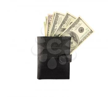 Business and finance concept. Money dollars in a black wallet isolated on white background