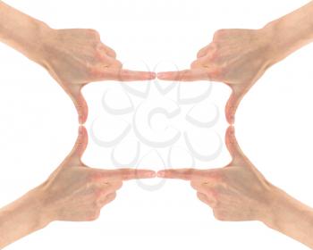 Rectangular frame of four hands isolated on white background
