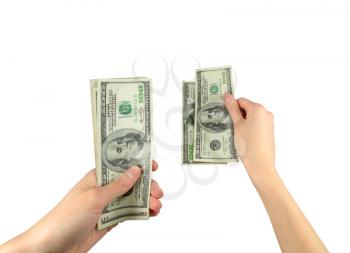 Concept of cash. Money US dollars in the hands on a white background