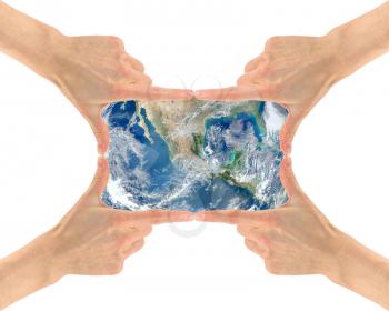 Concept of ecology and environment. Planet earth in the frame of the four hands. NASA