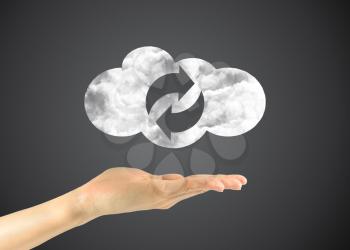 Concept of cloud storage and synchronization. Icon clouds in a man's hand