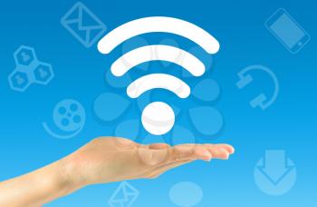 Wi fi concept. Wi fi icon in the man's hand