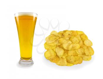 Glass of beer with potato chips. Isolated on white background
