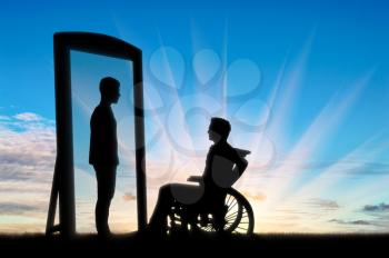 disabled man in a wheelchair and his reflection in the mirror of a healthy man against the sky. Rehabilitation concept