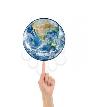Concept of tourism, religion and ecology. Planet earth on finger human hand isolated on white background. NASA