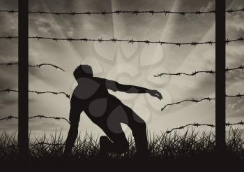 Refugee illegal. Silhouette of a refugee who illegally cross the border