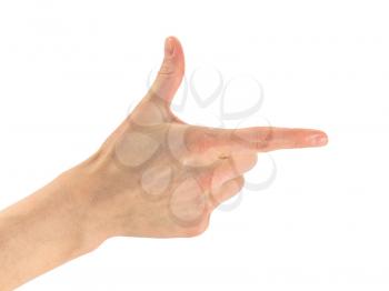 Gesture of hand gun. A hand with the forefinger shows to the right. Isolated on white background