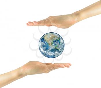  Concept of tourism, religion and ecology. Planet earth in the hands isolated on white background. NASA