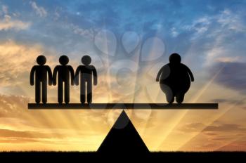 Icon thick man and the normal on the scales on a sunset background. Concept obesity
