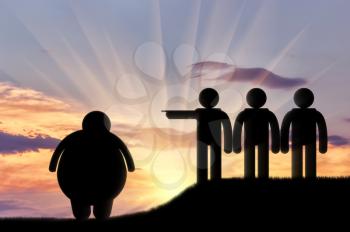 People stand on hill banish fat man sunset. Concept obesity