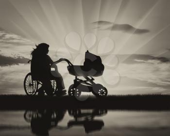 Disabled woman in wheelchair and baby carriage near water reflection. Concept disabled