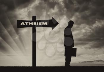 Atheist goes in direction that shows sign of Atheism. Concept atheism