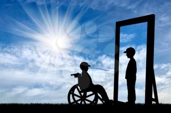 disabled child in a wheelchair and his reflection in mirror of a healthy baby boy on a background of sky