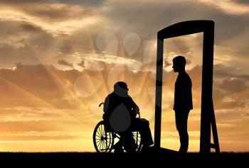 disabled man in a wheelchair and his reflection in mirror of a healthy man against the sky. Old age and health concept