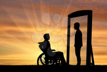 disabled man in a wheelchair and his reflection in mirror of a healthy man against sky. Rehabilitation of disabled
