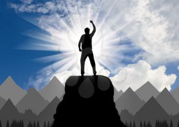 Silhouette happy climber on a mountain top. Concept of success and objectives