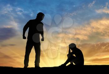 Child abuse and bullying in the family. Silhouette of a crying boy and aggressive father with fists