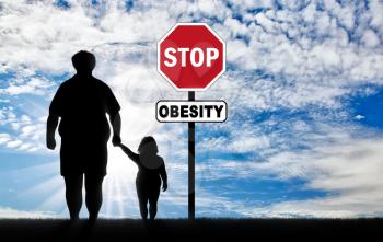 Fat father with a child and a sign of stop obesity. Concept of obesity