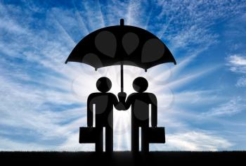 Two icons of little men stand under umbrella together. Concept of teamwork