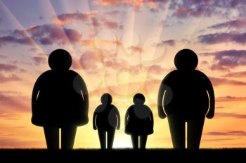 Obesity family concept. Fat family at sunset