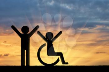 Happy disabled person next to a healthy person . Concept of support for people with disabilities