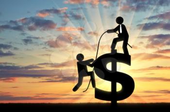 Concept of working in a business team. Man standing on a dollar sign, gives the rope a man to achieve joint success
