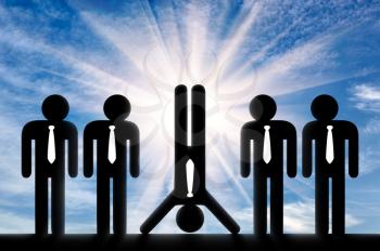 Stand out from the crowd concept. Man standing on hands stands out among ordinary people standing up