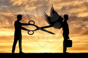 A man with big scissors in his hands intends to cut off the wings of the man in front of him. The concept of betrayal in business