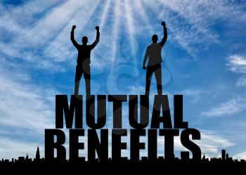 Silhouette of two happy men with raised arms standing on the word mutual benefit. The concept of mutual benefit