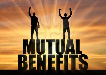 Silhouette of two happy men with raised arms standing on the word mutual benefit. The concept of mutual benefit of business partners
