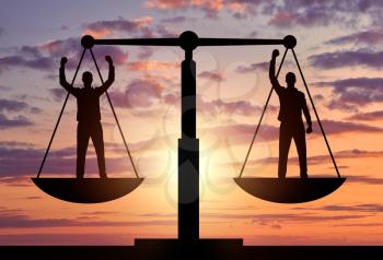 Silhouette of two men are equal to standing on the scales of justice. Business concept of mutual benefit and success of business partners