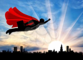 Superman businessman superhero. Silhouette of a superman businessman with a briefcase flying in the sky over the city at dawn