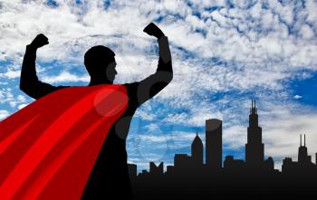 Superman businessman superhero. Silhouette of confident businessman superman looking at metropolis city at dawn