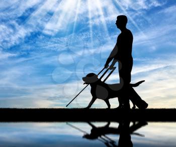 Silhouette of a blind disabled man follows a dog guide by the river with his reflection. The concept of blind people with guide dog