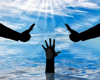 Silhouette of two hands with smartphones, shoot a video on the hand of a sinking person, asking for help. The concept of a selfish society, a social problem
