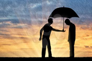 Altruist man shares an umbrella with another sad man standing in the rain. Concept of Altruism in society
