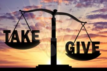 Word give heavier, than the word to take on the scales. Concept of altruism and donation